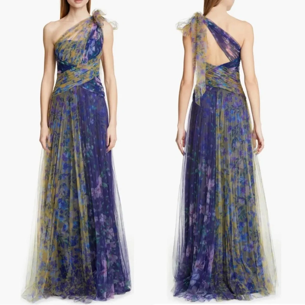 NWT MARCHESA NOTTE One-Shoulder Bow-Detail Tulle Gown In Navy. Size 12